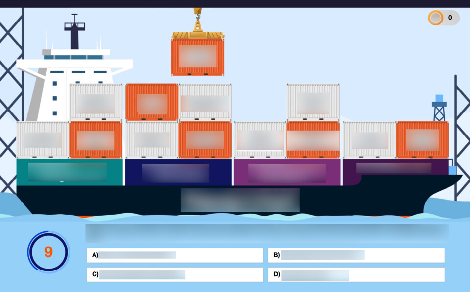 When the crane drops the container, the timer is up. In-Game Quiz Screen